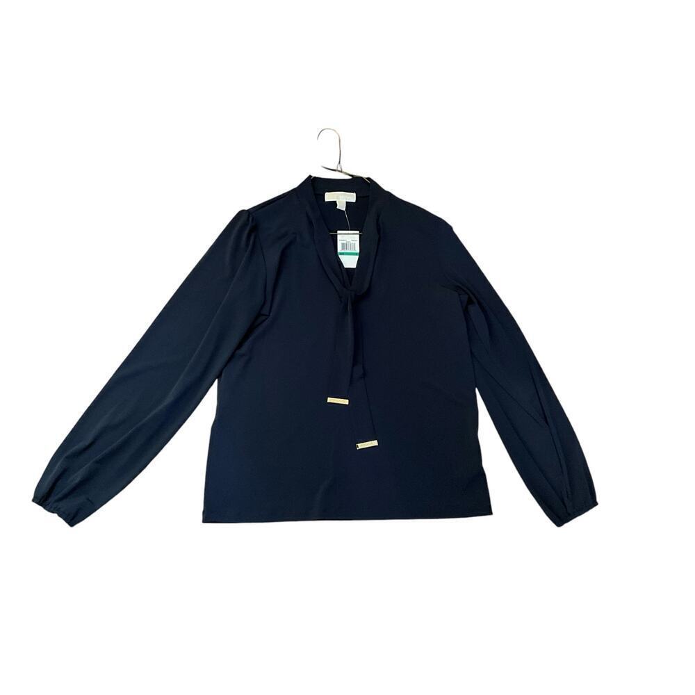 MICHAEL Michael Kors Tie Neck Top Blouse Long Sleeve Navy Blue Womens Large‎ NWT - Picture 4 of 7